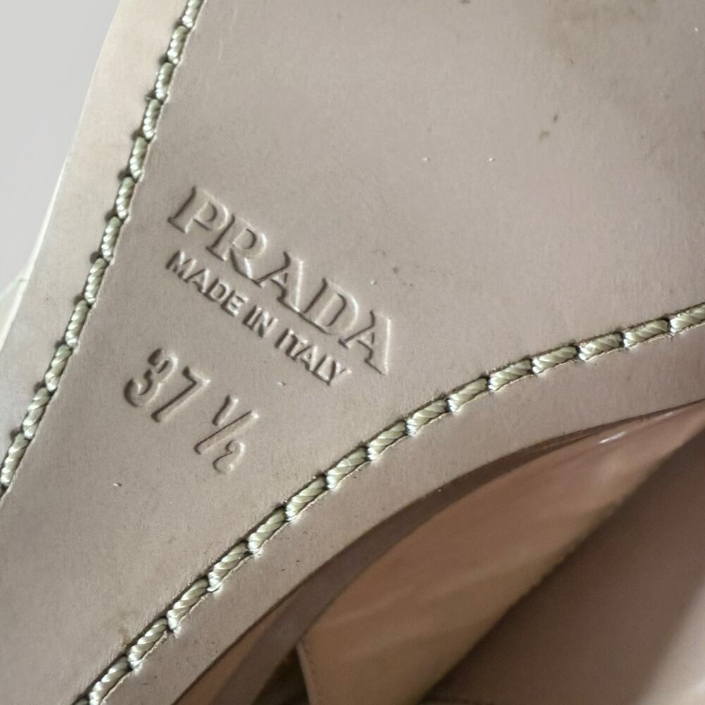 Prada Patent Leather Slingback Wedge Sandals Bow Peep Toe Nude Pink Size 37.5 - Picture 9 of 16